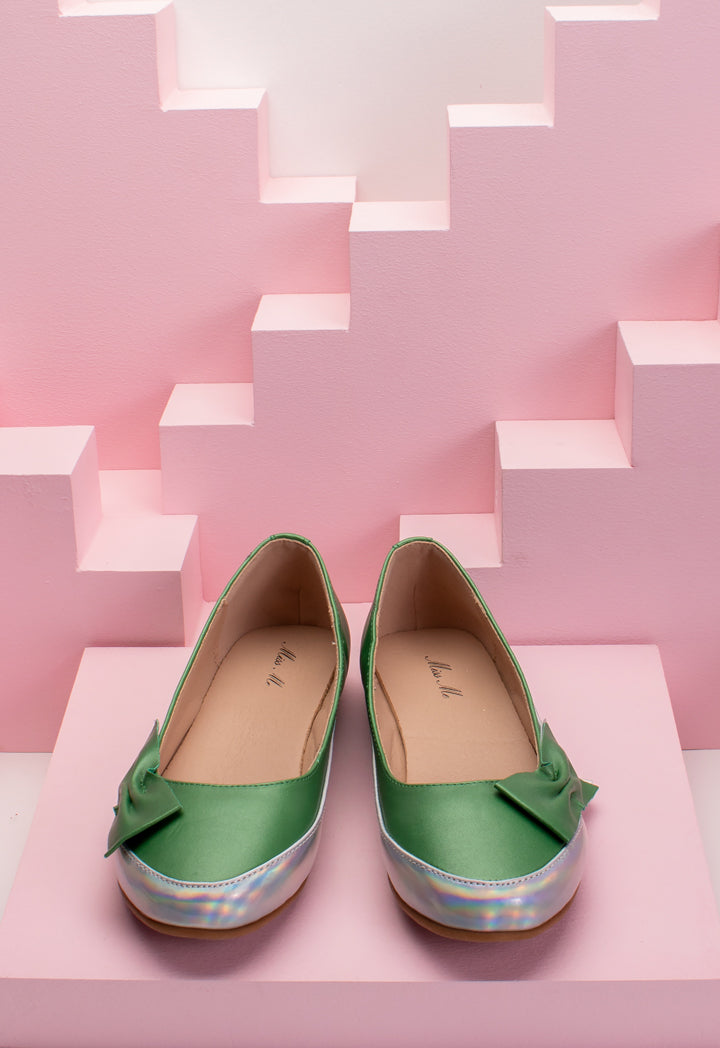 Pink And Green Flat Shoes Side Bow Metallic Contrast Flat Shoes  ZAY