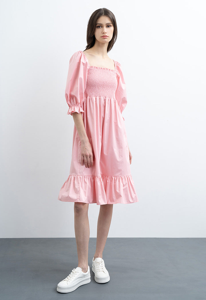 pink off the shoulder dress zara Smocked Front Off-Shoulder Solid Dress – ZAY