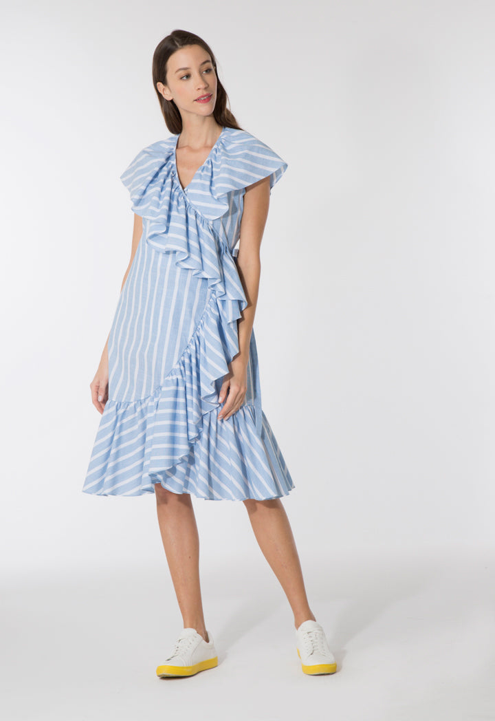 Striped Wrap Frilled Dress  ZAY