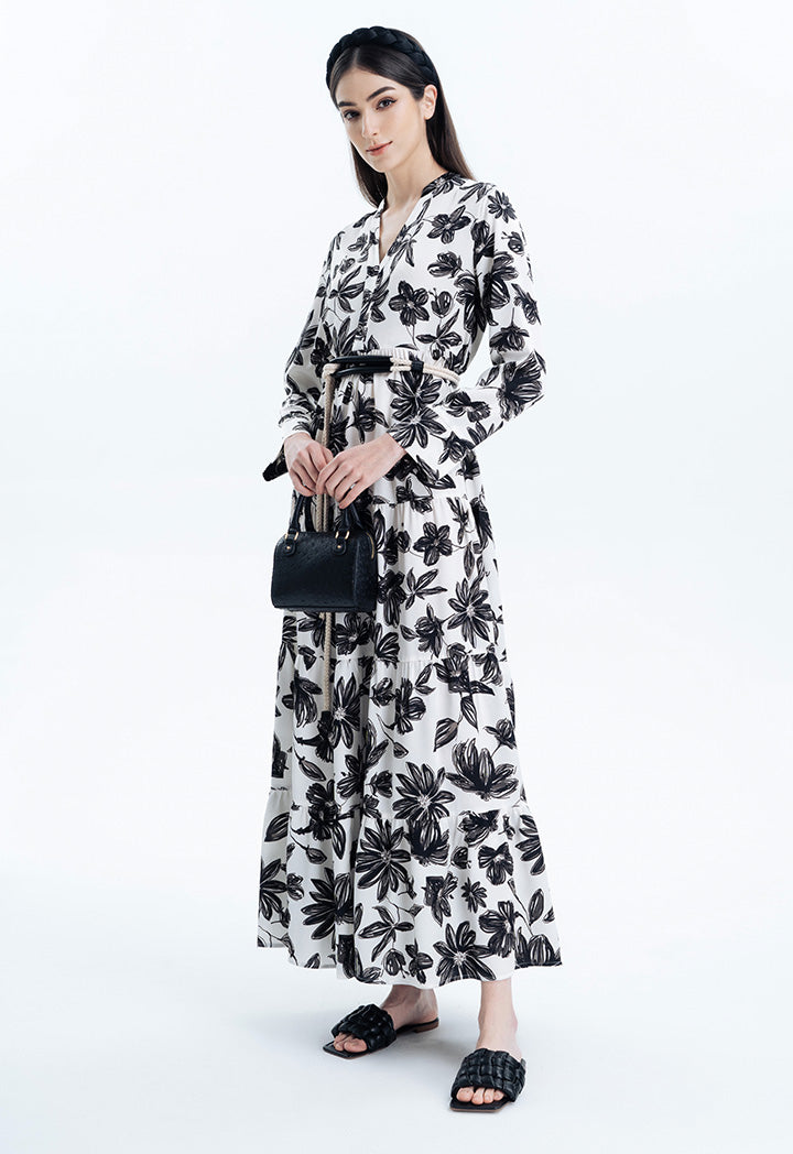 Allover Contrast Printed Tiered Flared Dress – ZAY