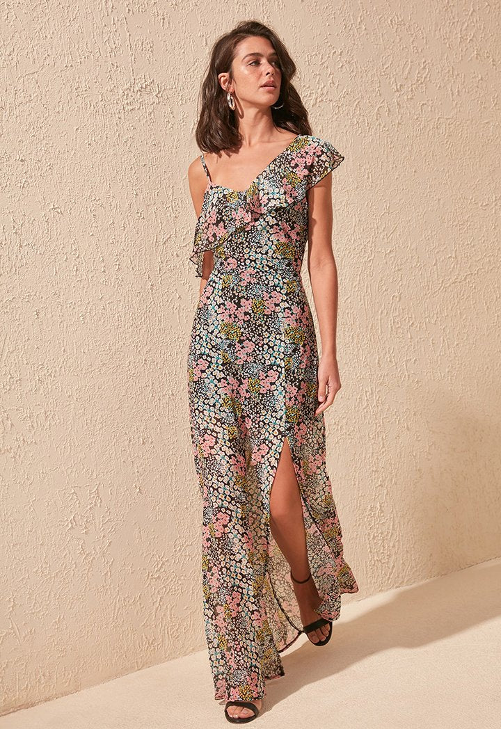 venus chiffon dress Women's Venus Gathered Asymmetric Neck Silk Chiffon Floor Length Dress S/M/L/Customize Beige/White MEAN BLVD White / Customize