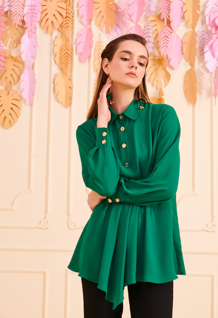 Pleated Asymmetrical Contrast Button Blouse