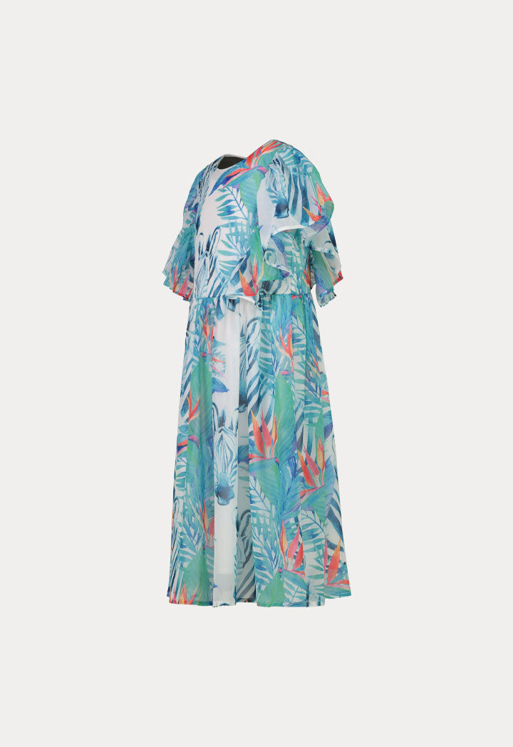 Ruffle Round Neck Printed Dress
