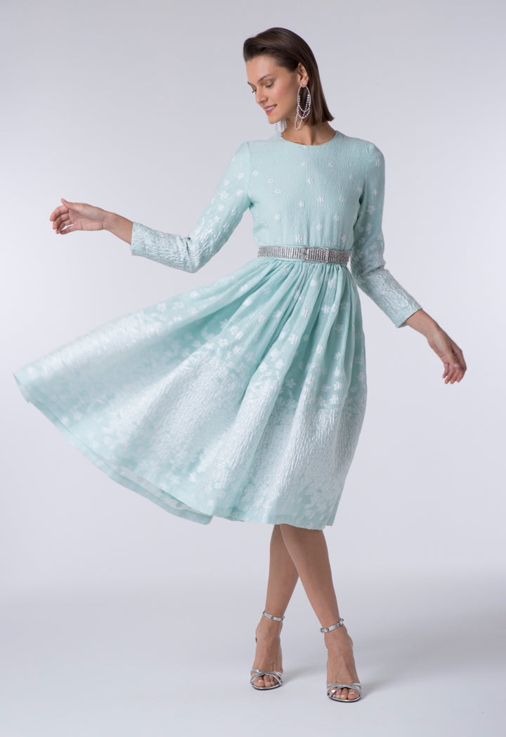 Metallic Jacquard Shirtdress Gown with Floral Print | Teri