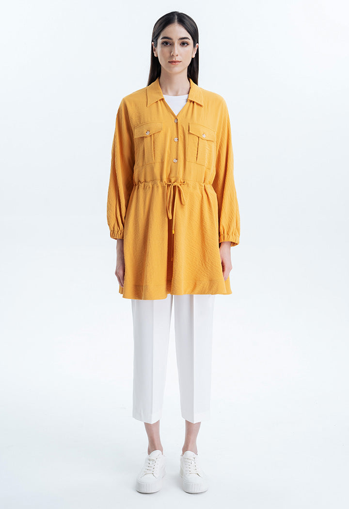 Solid Tunic Blouse With Drawstring Closure