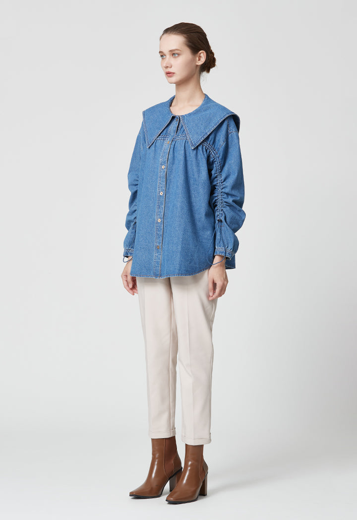 Sailor Pointed Collar Solid Denim Blouse
