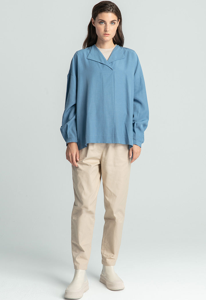 Box Pleat Back Closure Solid Tencel Blouse
