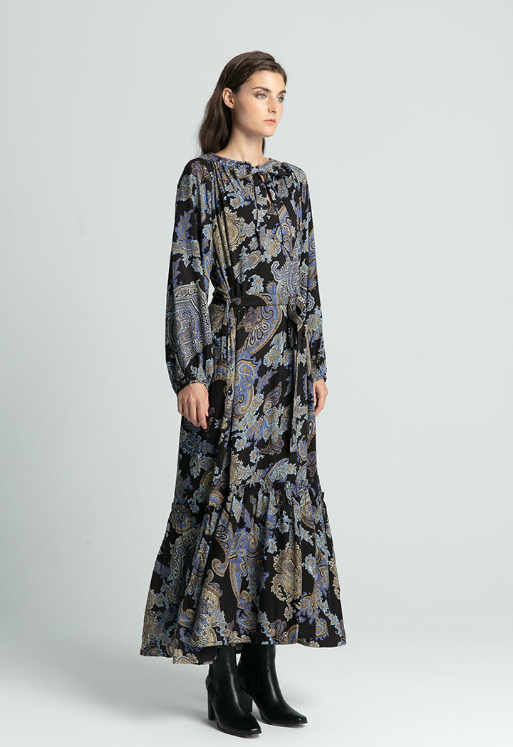 All Over Printed Neck Tie Long Dress