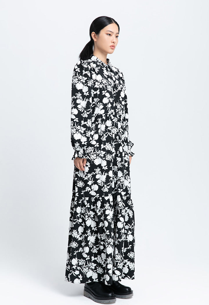 Contrast Flower Printed Long Maxi Dress