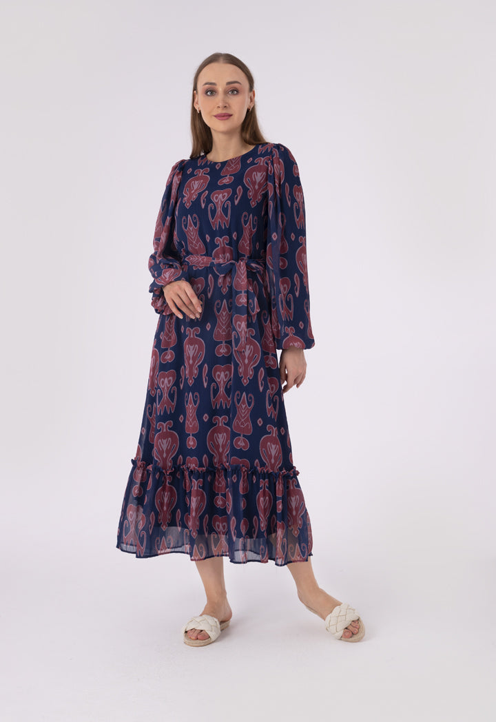 Balloon Sleeve Printed Chiffon Maxi Dress