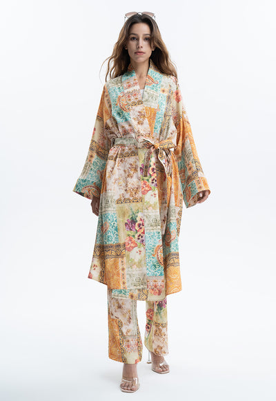 Ethnic Flower Printed Long Kimono