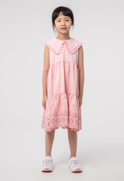 Embroider Stripe Ruffle Tiered Sleeveless Dress