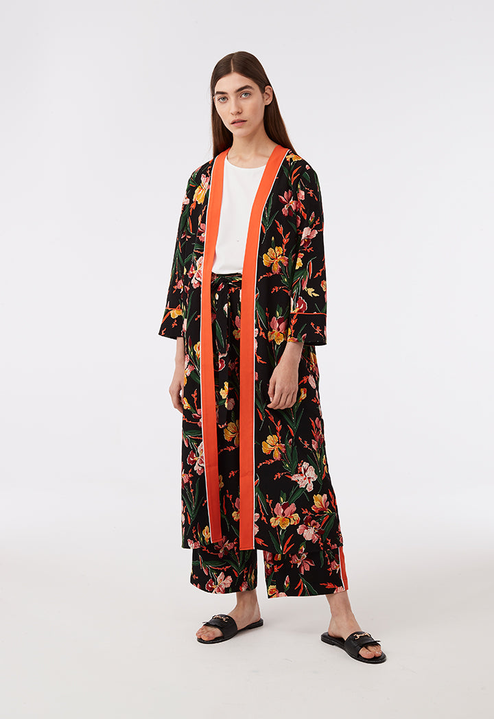 Printed Long Kimono With Contrast Tape