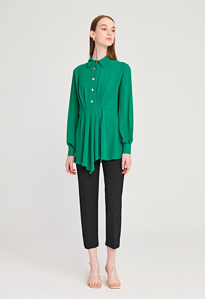 Pleated Asymmetrical Contrast Button Blouse