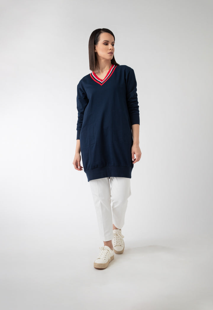 Contrast Neck Solid Tunic Dress