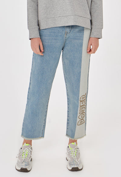 Letter Stud Embellished Denim Pants