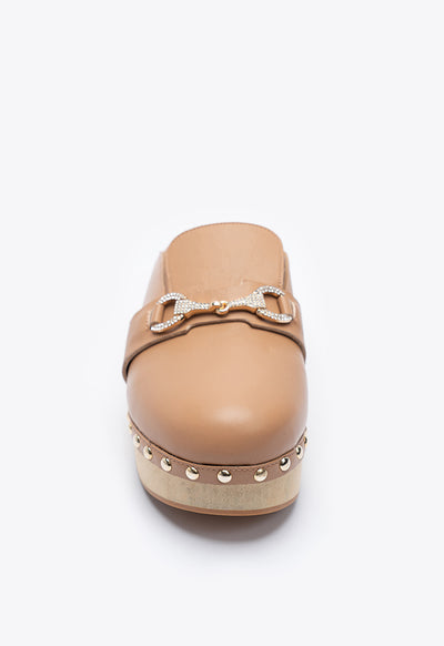 Studded Clogs With Low Wooden Heel