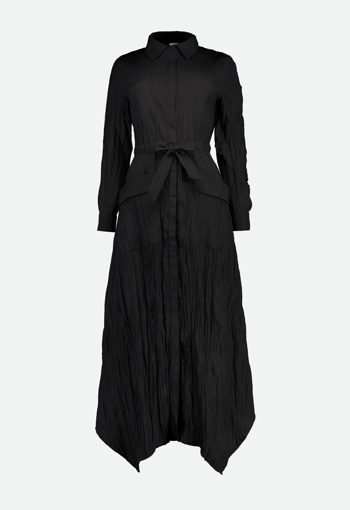 Black Crinkle Maxi Shirt Dress