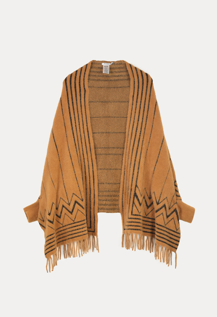 Fuzzy Contrast Lines Tasseled Edges Winter Poncho