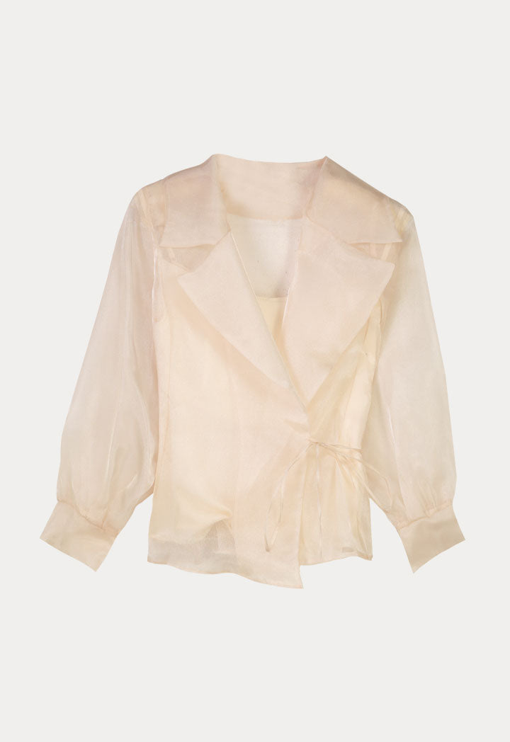 Notched Lapel Organza Sleeve Blouse