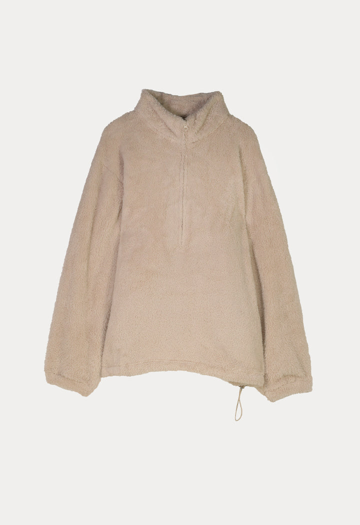 Oversized Hem Drawstring Faux Fur Blouse