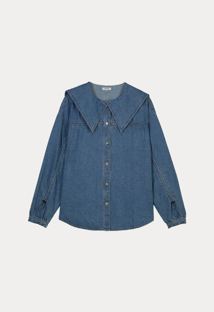 Sailor Pointed Collar Solid Denim Blouse