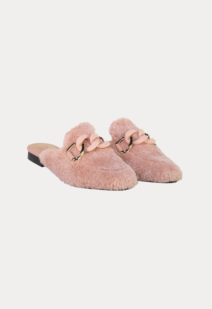 Faux Fur Chunky Chain Snaffle Mule Shoes