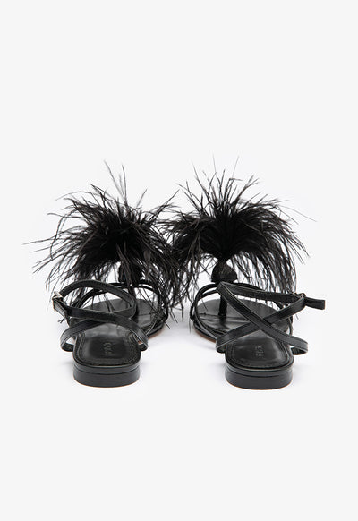 Dot Feather Trimmed Flat Sandals