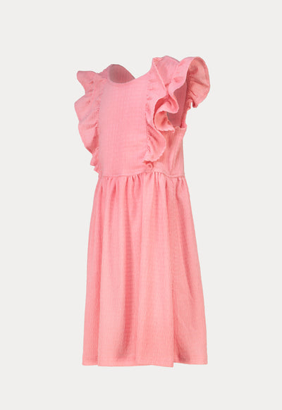 Solid Textured Ruffle Tie Back Crew Neck Knot Dress