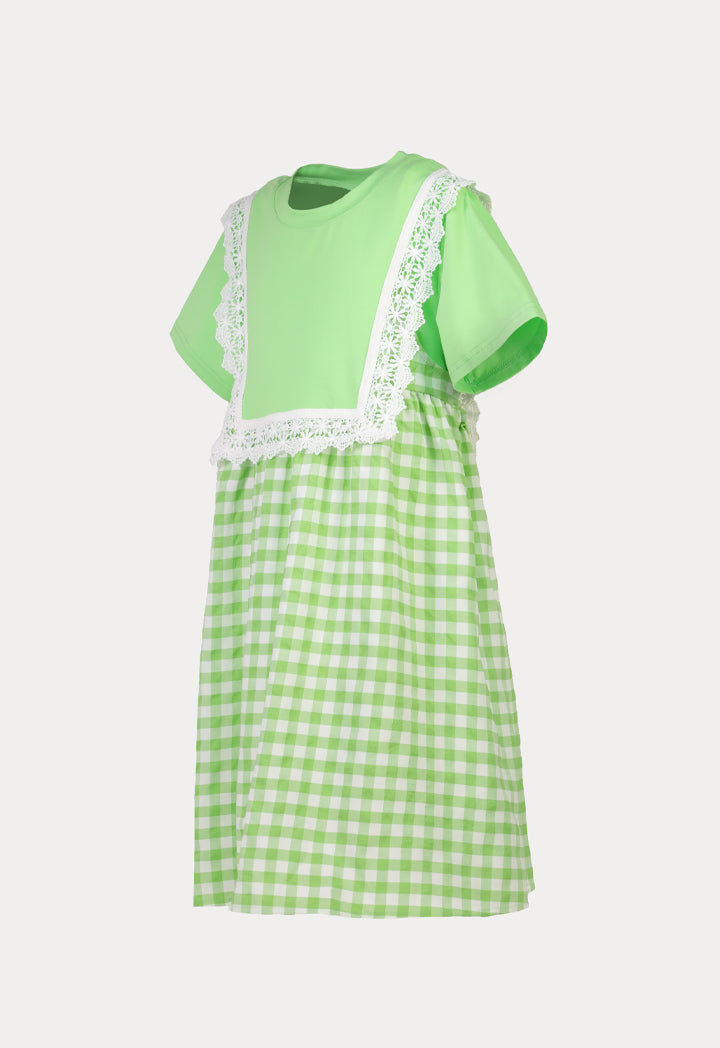 Lace Fabric Plaid Pattern Short Sleeve Dress