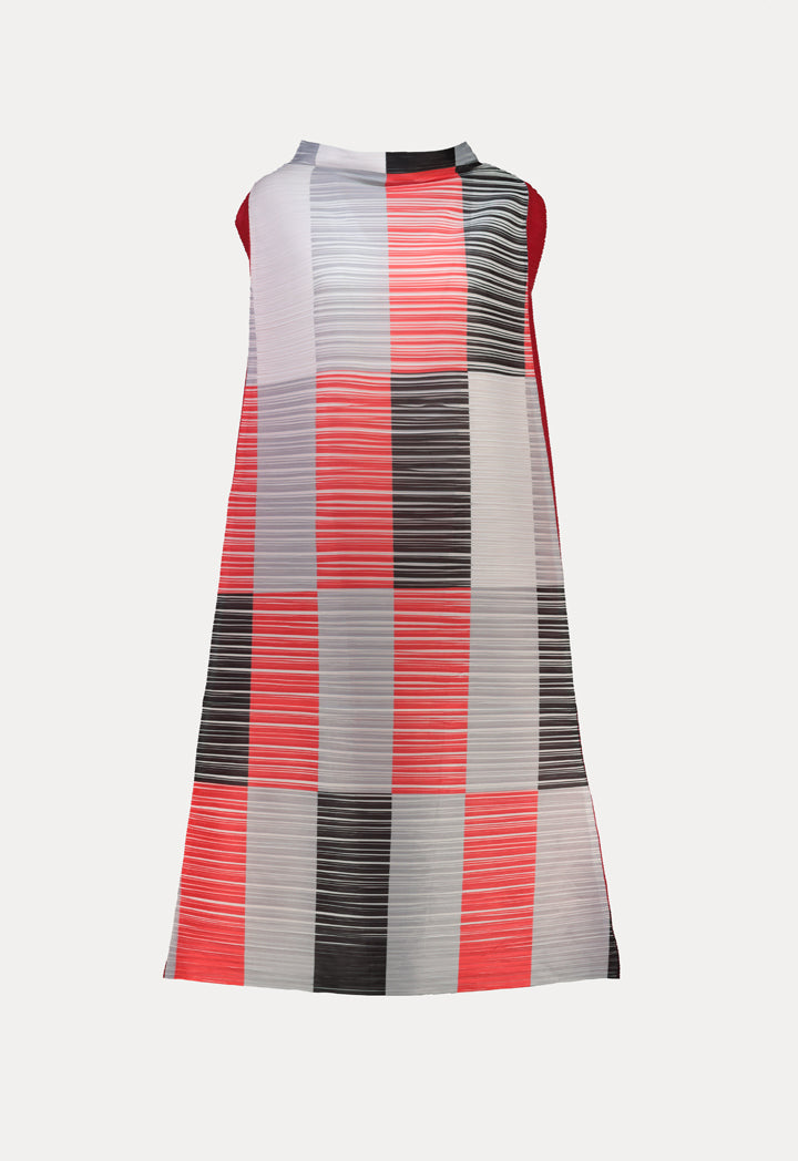 Electric Pleated Color Block Stand Collar Sleeveless Dress