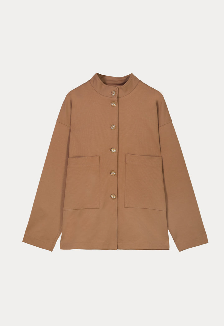 Solid Fitted Buttoned Shirt Jacket