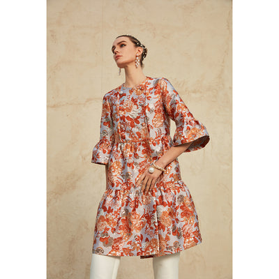Textured Floral Print Jacquard Midi Jacket