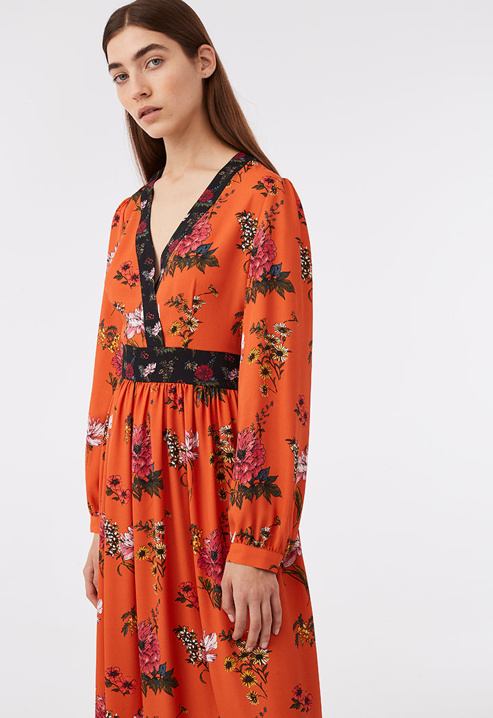 Printed Crossover Panel Dress With Contrast Trim
