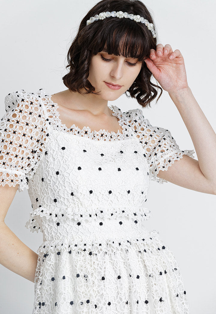 Cut Out Lace Overlay Puff Sleeve Dress