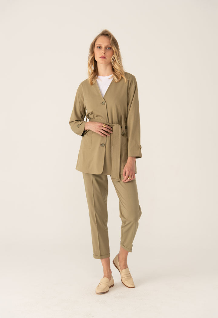 V-Neck Front Open Linen Solid Outerwear