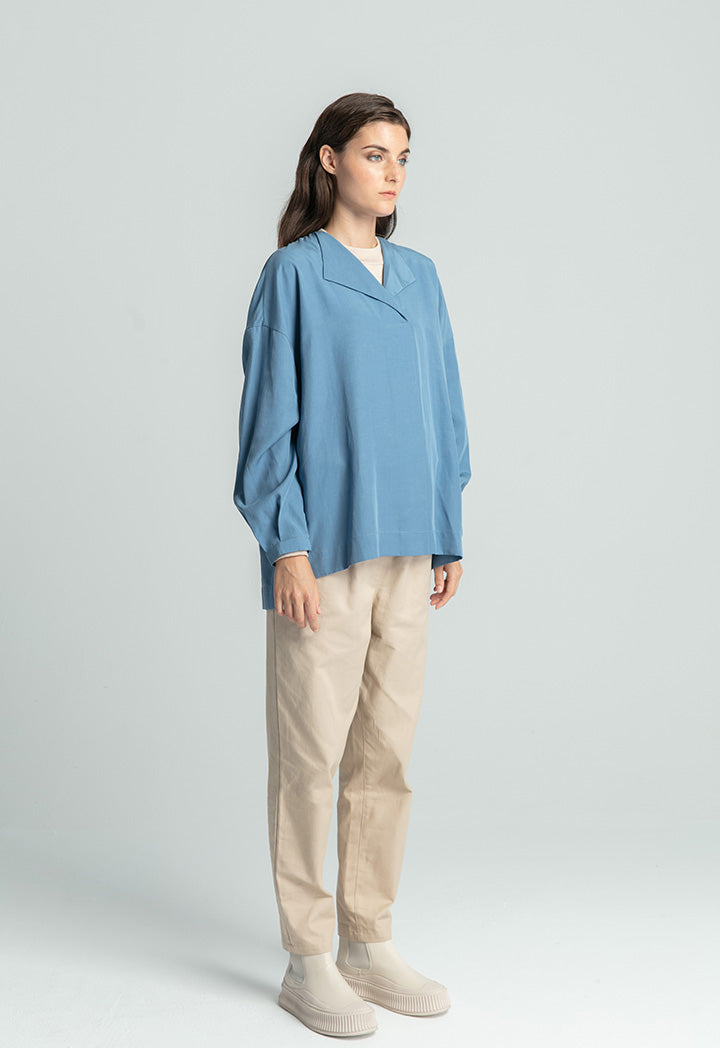 Box Pleat Back Closure Solid Tencel Blouse