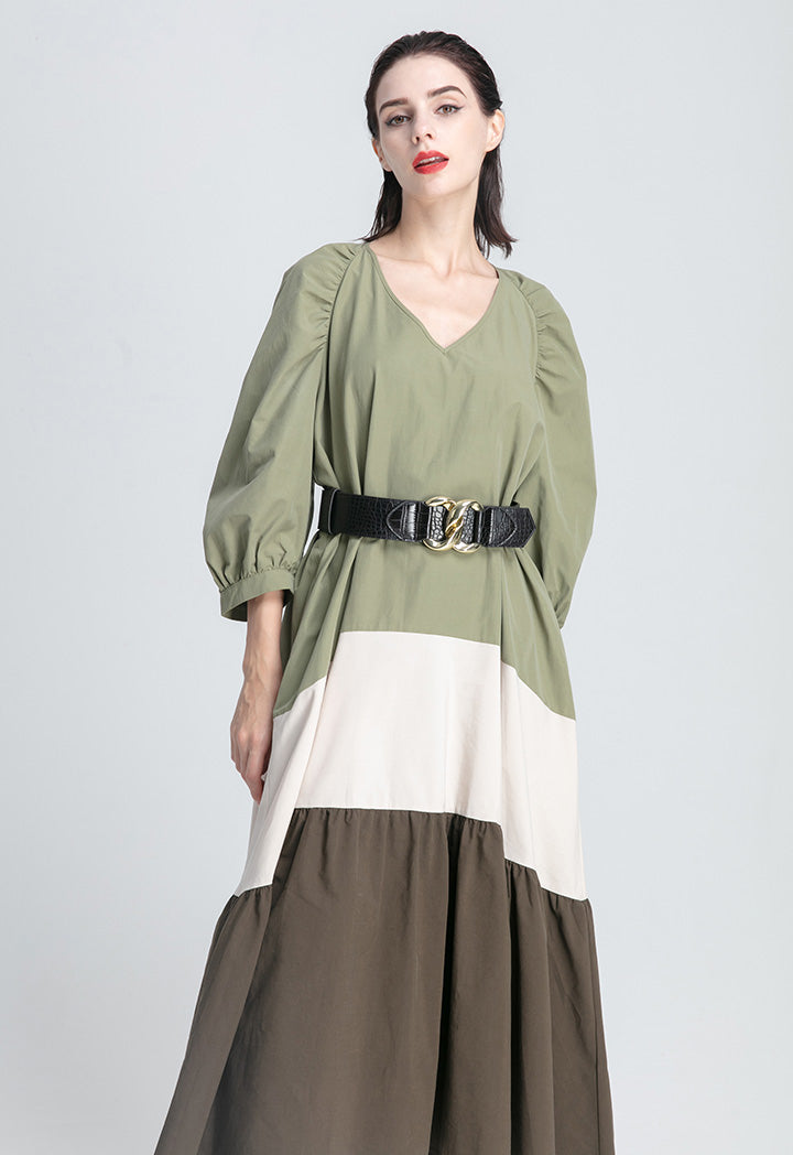 Gathered Raglan Sleeve Color Block Dress