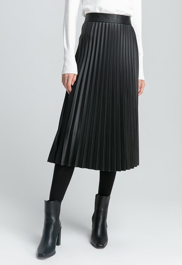 Even Pleated Pu Solid Skirt