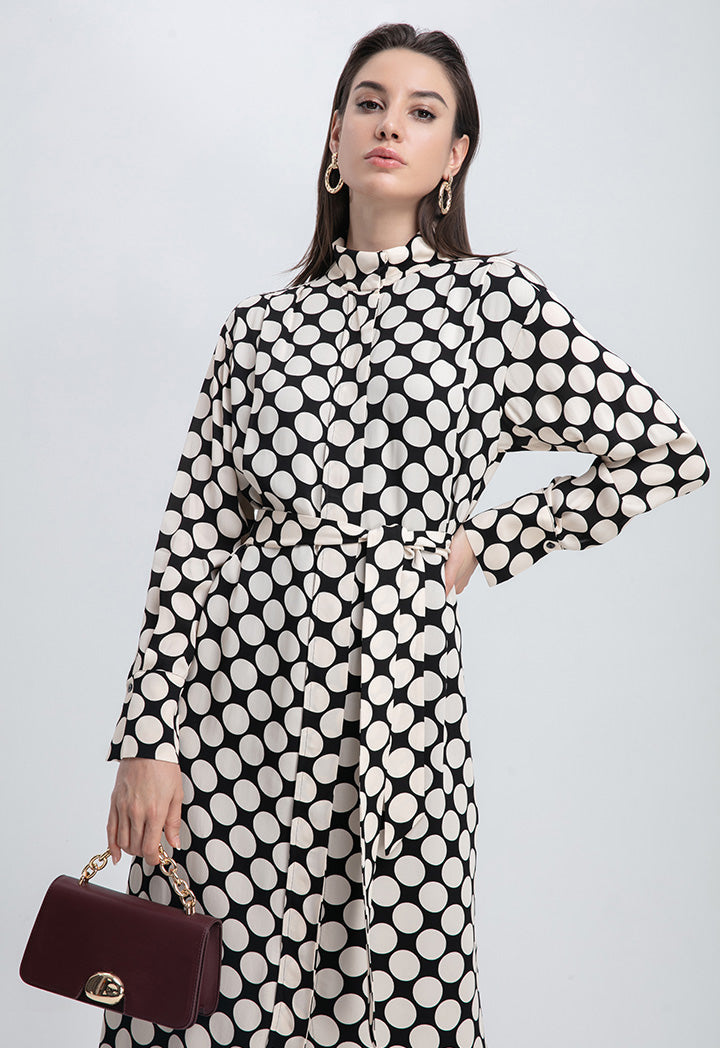 Polka-Dot Stand Collar Concealed Button Placket Dress