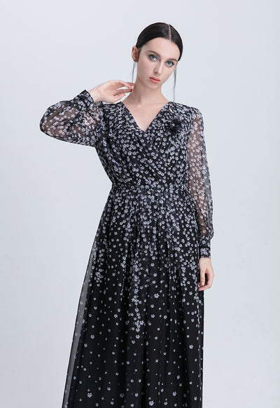 Printed Pleated Waist Maxi Dress