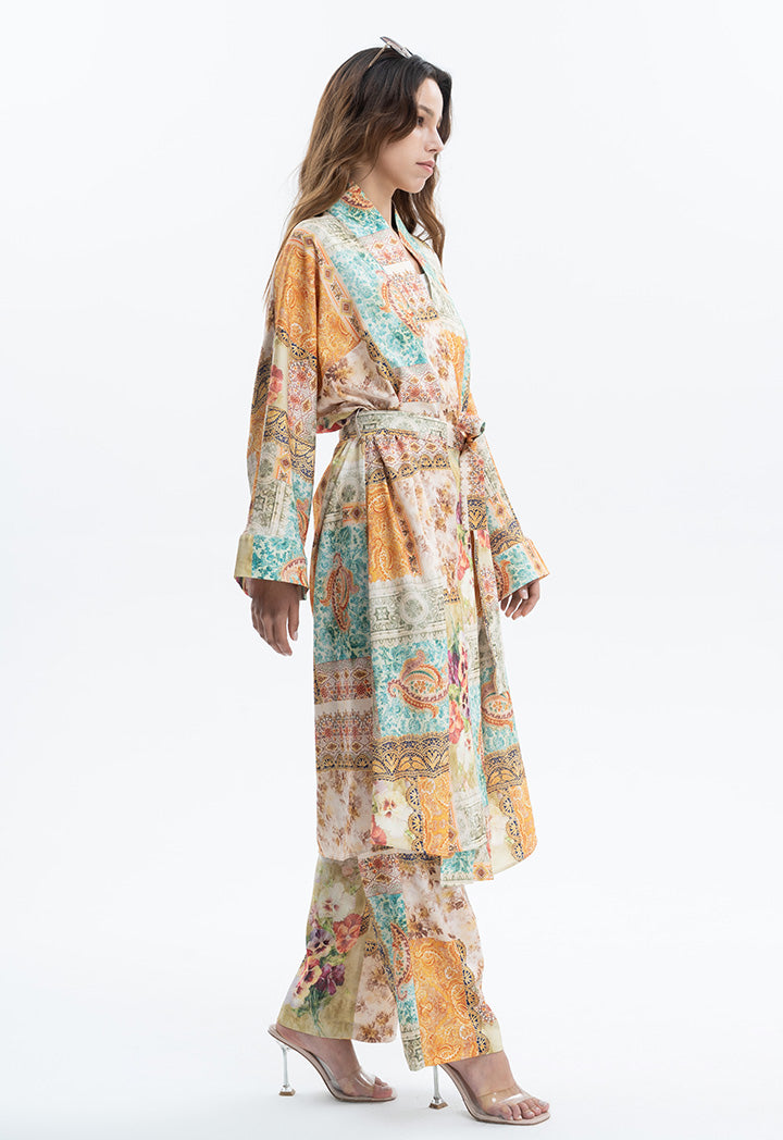 Ethnic Flower Printed Long Kimono