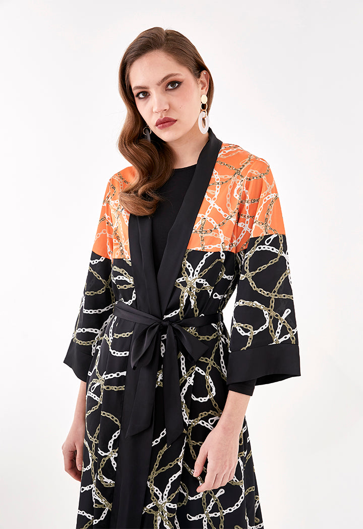Color Block Chain Print Long Kimono