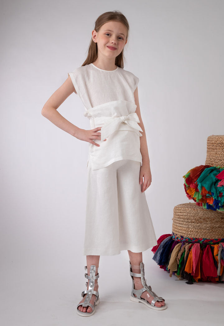 Pleated Waist Linen Solid T-Shirt