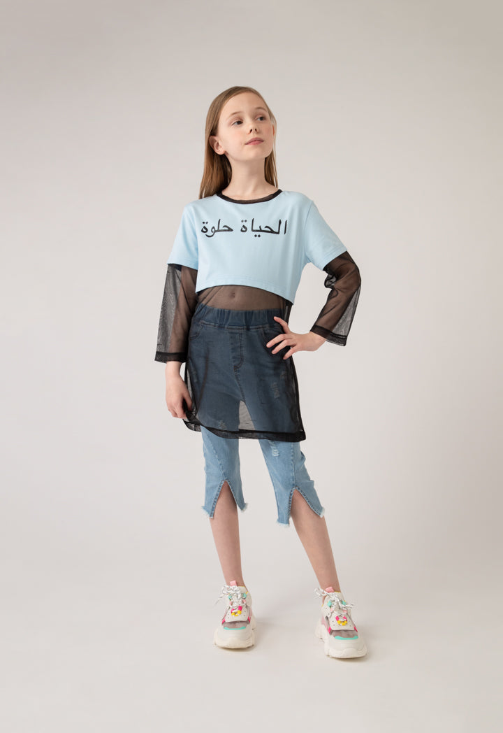 Arabic Text Print Colorblock Blouse