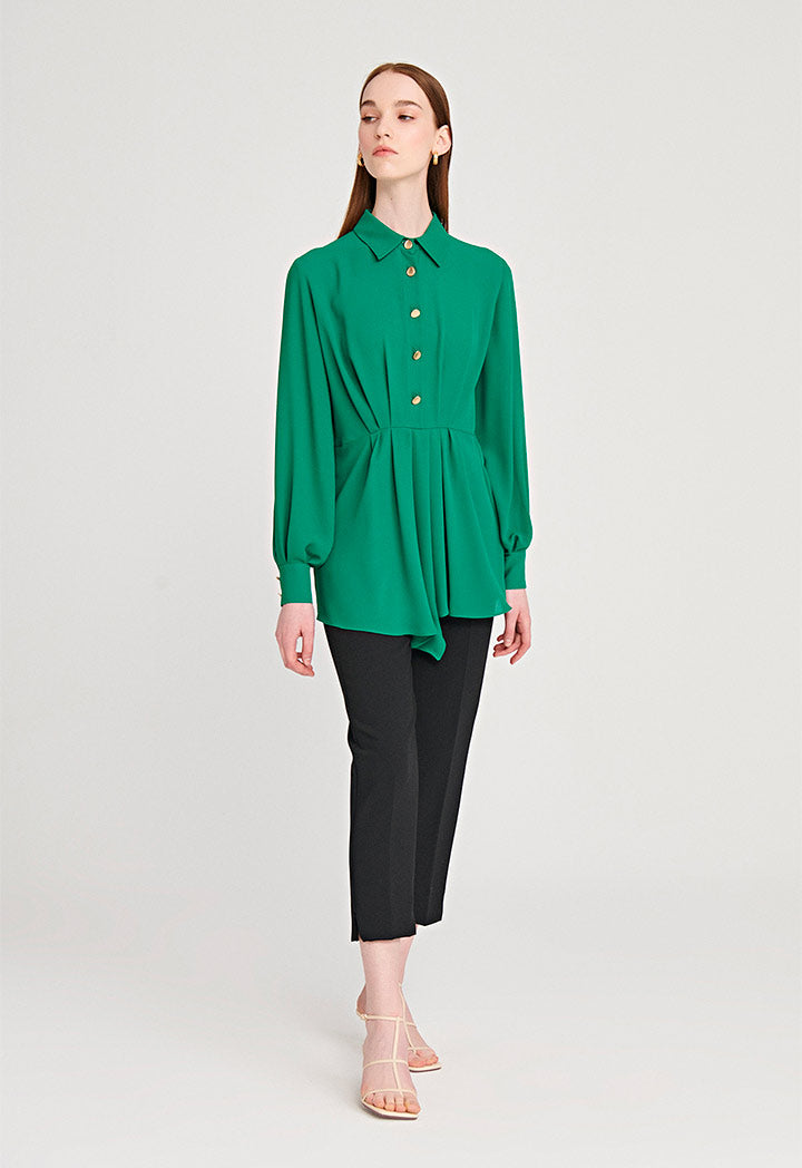 Pleated Asymmetrical Contrast Button Blouse