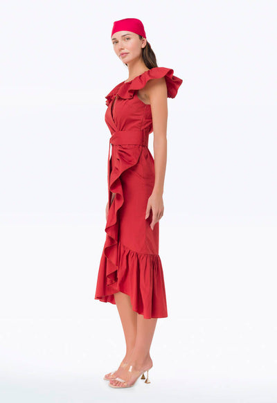 Solid Frilled Asymmetrical Neck Dress