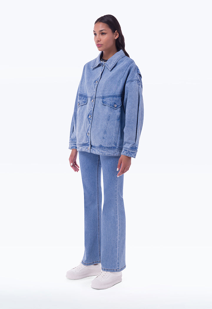 Loose Fit Light Denim Pleated Outer Jacket