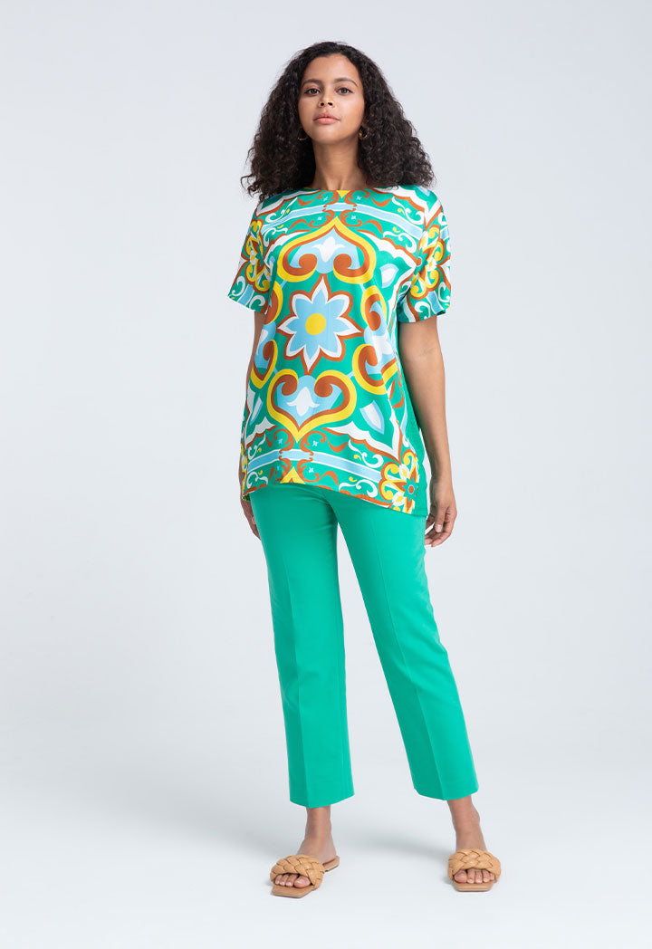 Printed Satin With Jersey Back Tunic Blouse