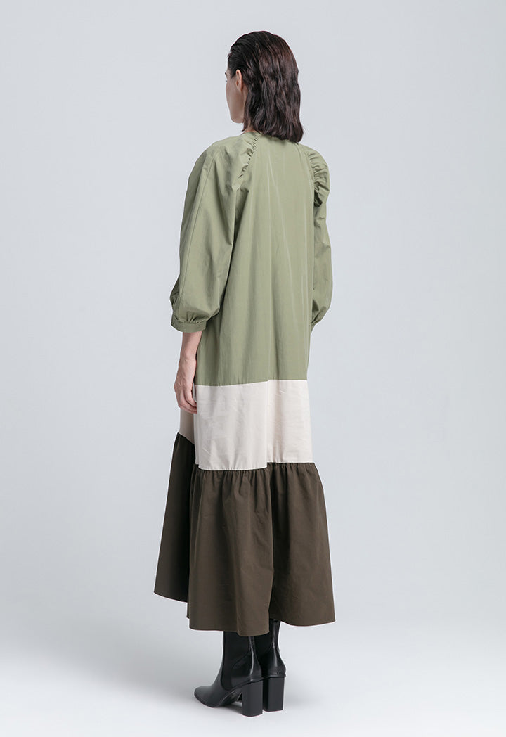 Gathered Raglan Sleeve Color Block Dress